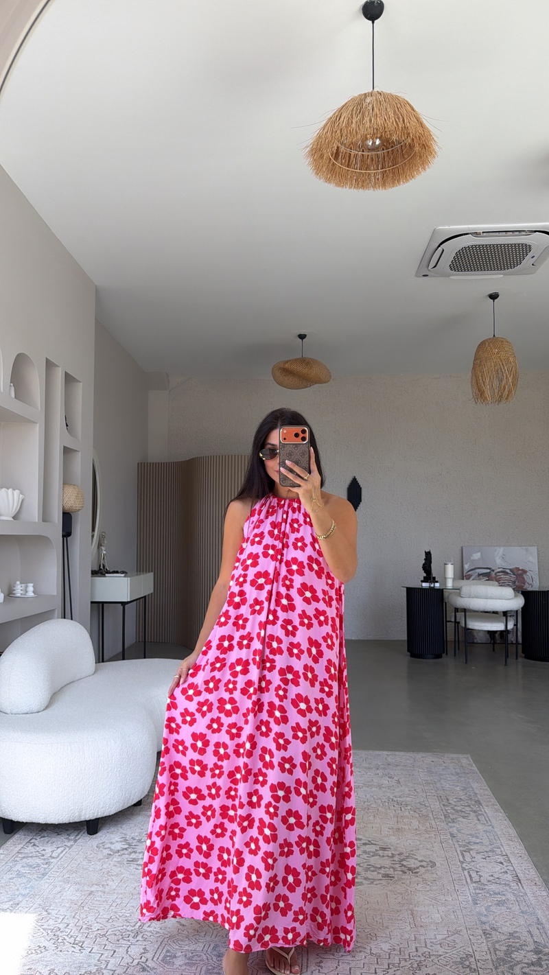 Pembe Kırmızı Çiçekli Halter Yaka Viskon Elbise