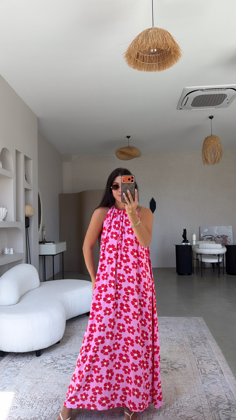 Pembe Kırmızı Çiçekli Halter Yaka Viskon Elbise