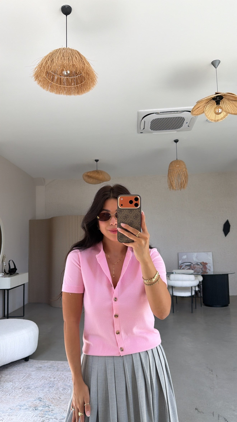 Pembe Kısa Kol Yumuşak Triko Hırka