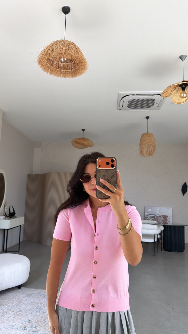 Pembe Kısa Kol Yumuşak Triko Hırka