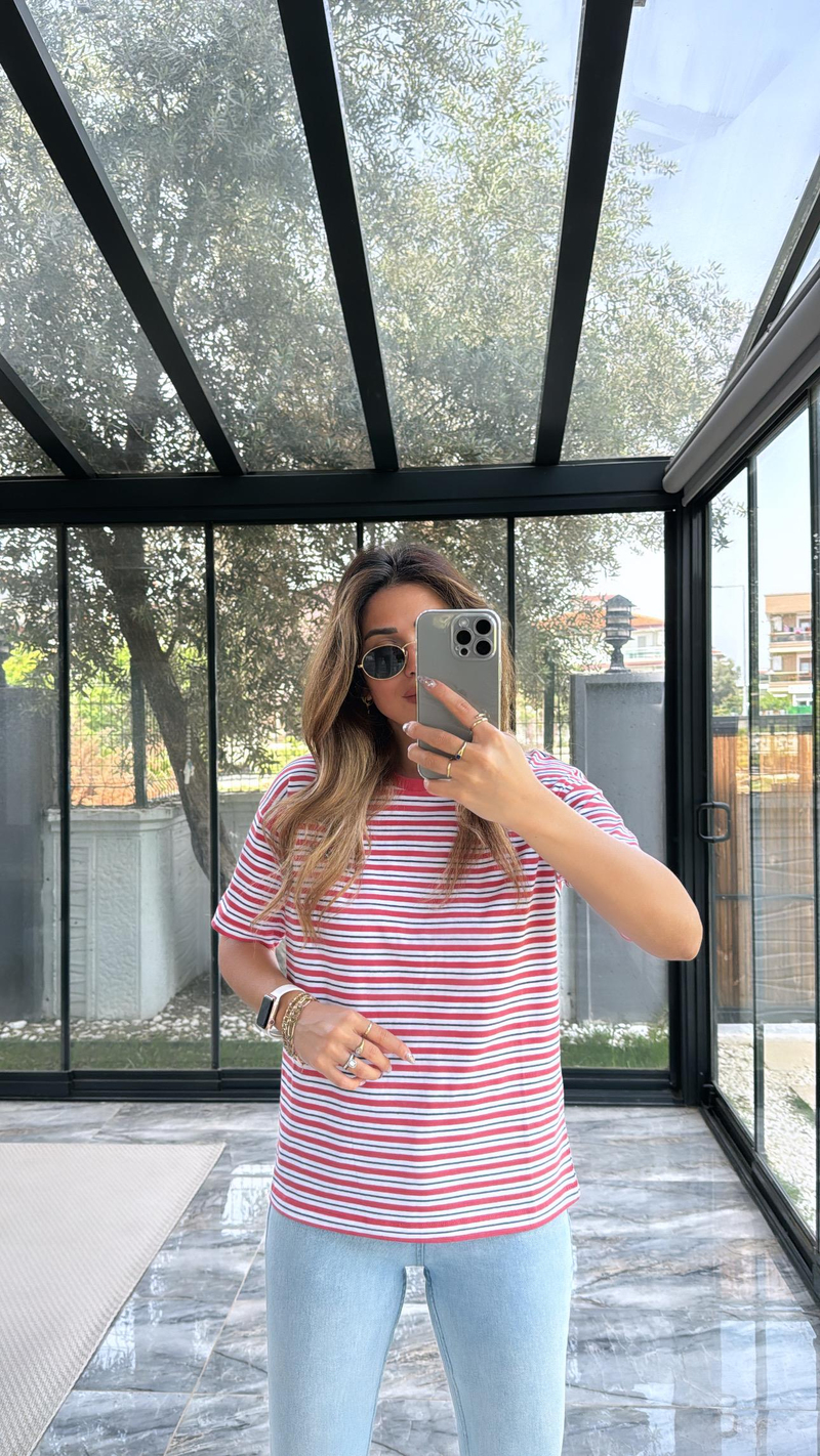 Pembe Orjinal Çizgili Tshirt