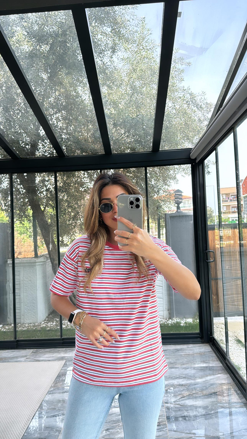 Pembe Orjinal Çizgili Tshirt