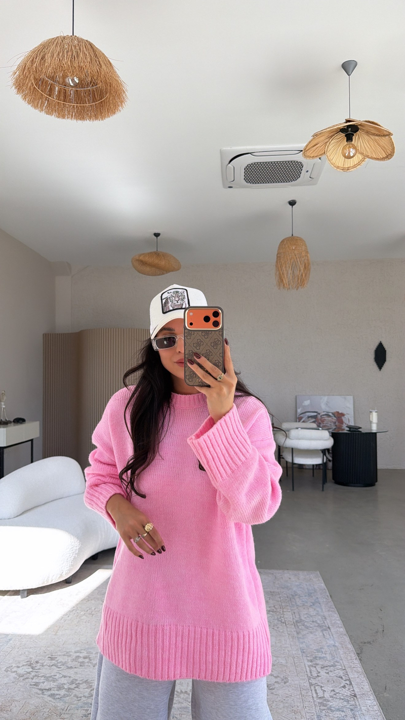 Pembe Oversize Yumoş Doku Basic Kazak