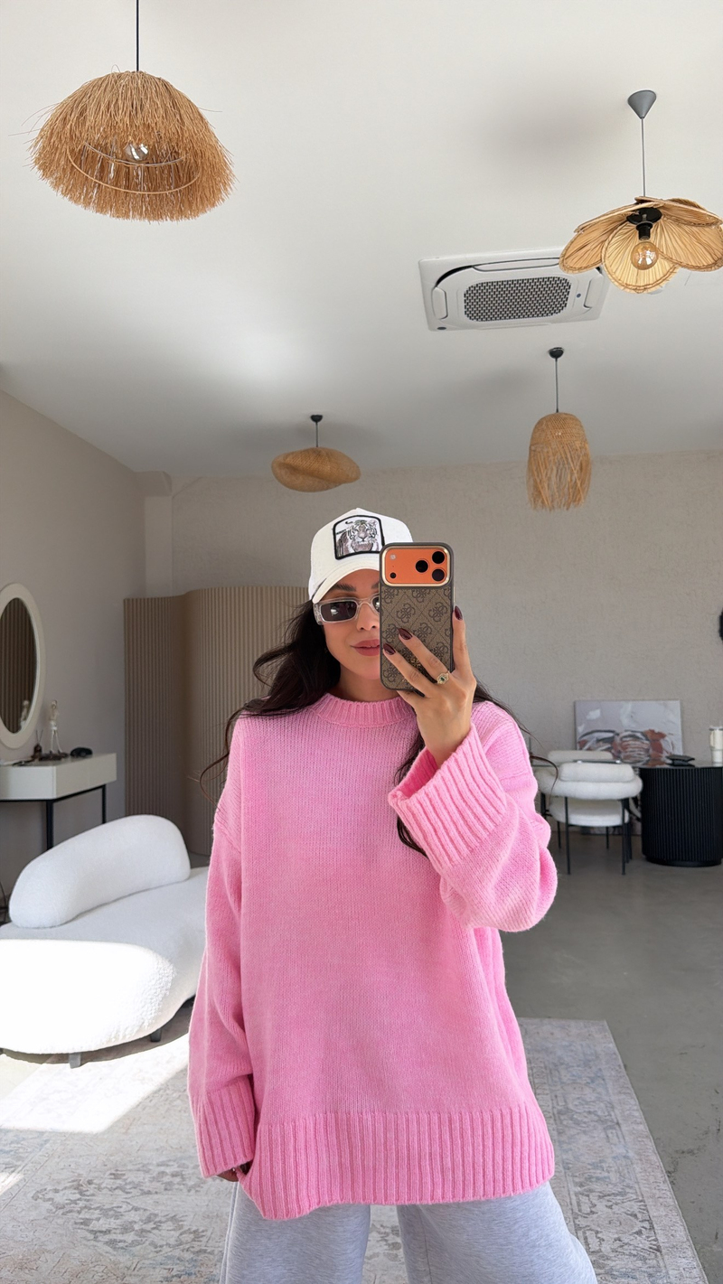 Pembe Oversize Yumoş Doku Basic Kazak