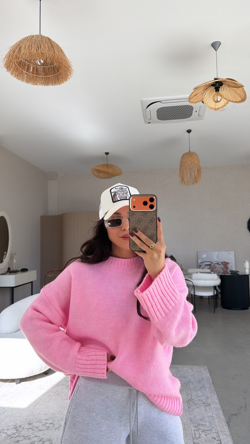 Pembe Oversize Yumoş Doku Basic Kazak