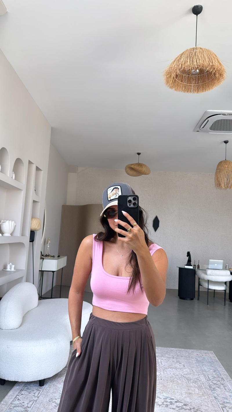 Pembe Oys Kalın Askı Crop Atlet