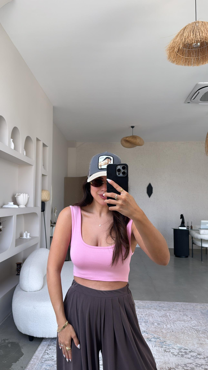 Pembe Oys Kalın Askı Crop Atlet