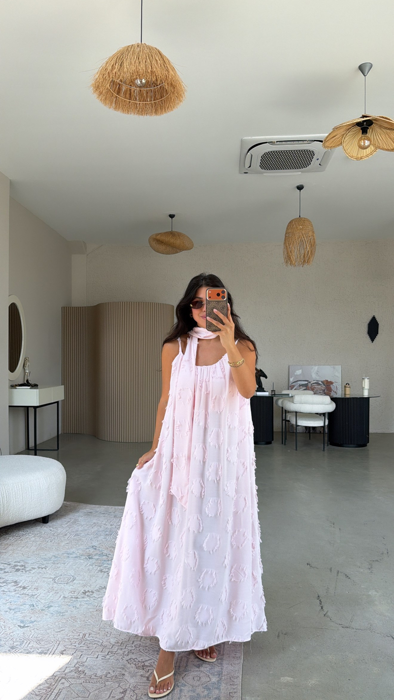 Pembe Püskül Kumaşlı Premium Asansör Askılı Elbise