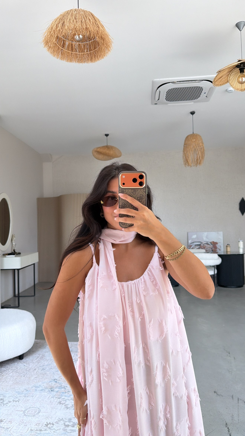 Pembe Püskül Kumaşlı Premium Asansör Askılı Elbise