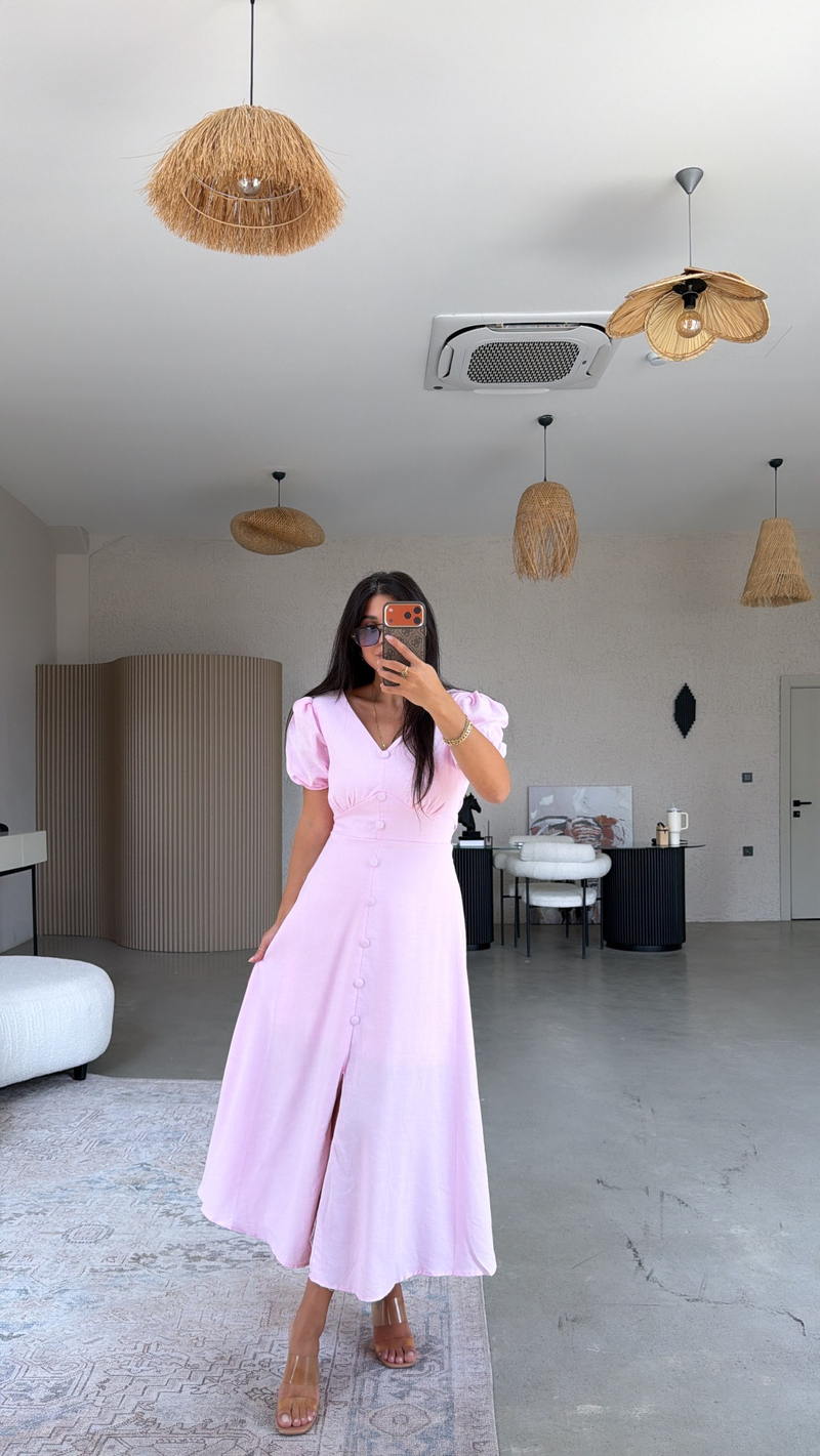 Pembe Romantik Düğmeli Elbise