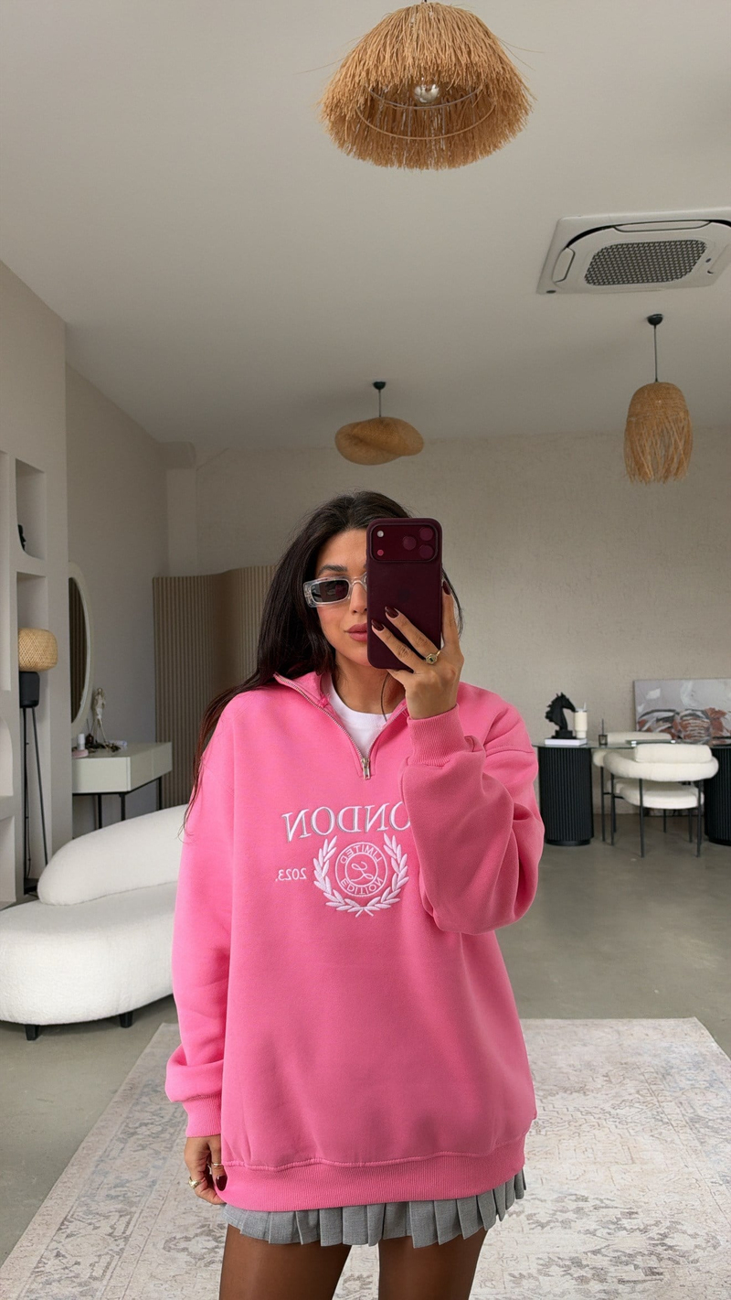 Pembe Şardonlu London Fermuarlı Sweatshirt