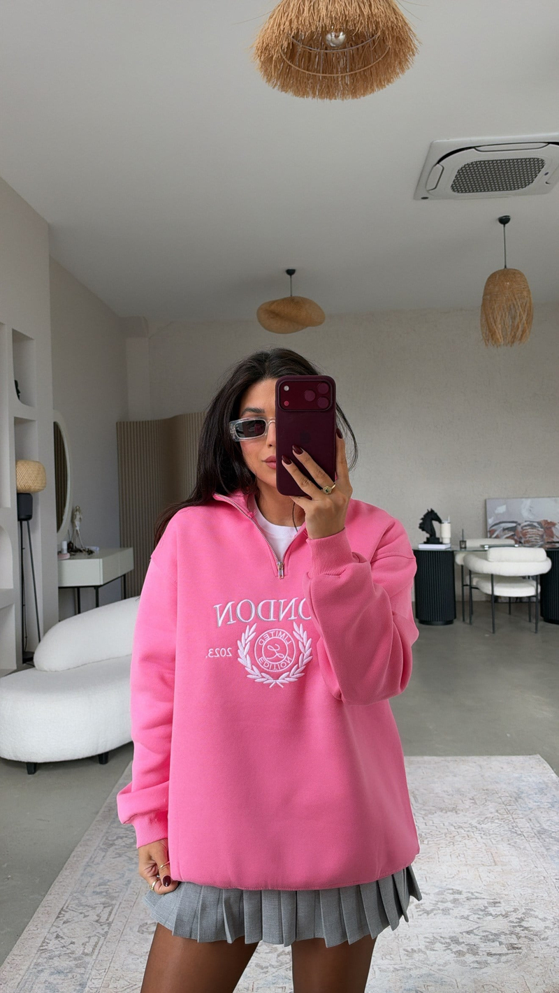 Pembe Şardonlu London Fermuarlı Sweatshirt