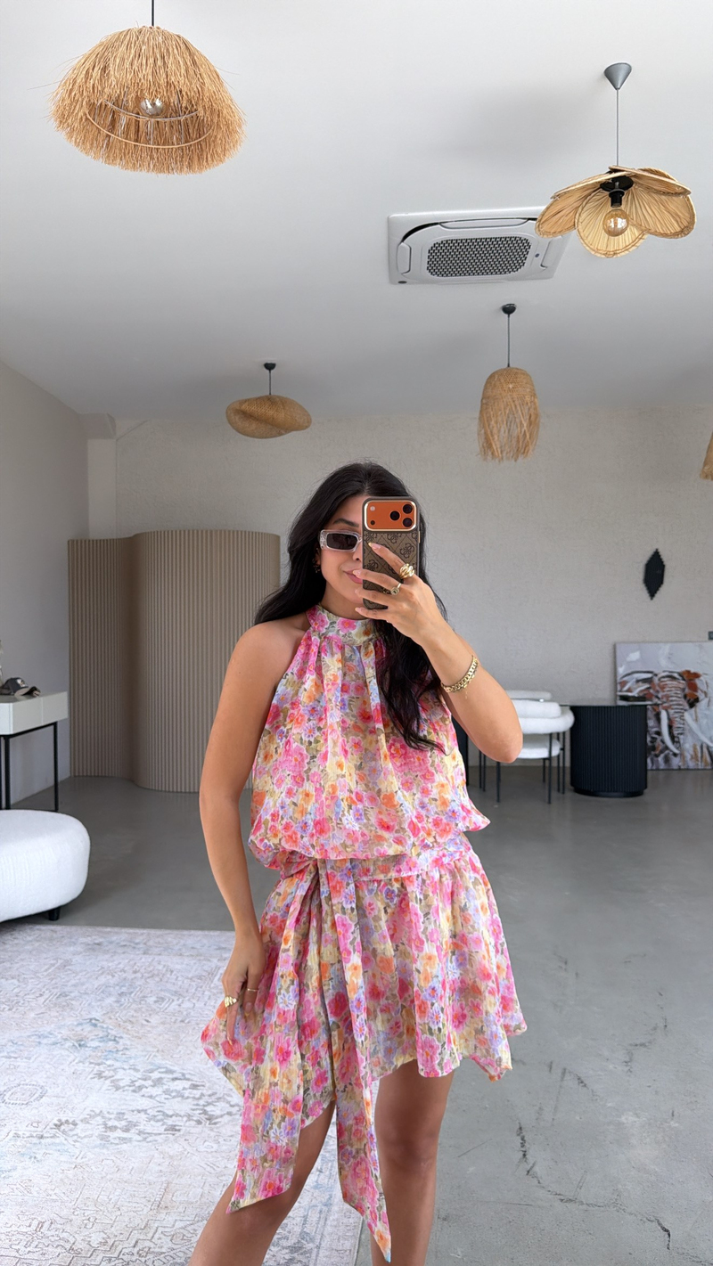Pembe Soft Çiçekli Keten Premium Etek Bluz Takım