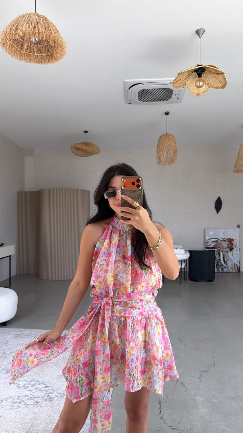 Pembe Soft Çiçekli Keten Premium Etek Bluz Takım
