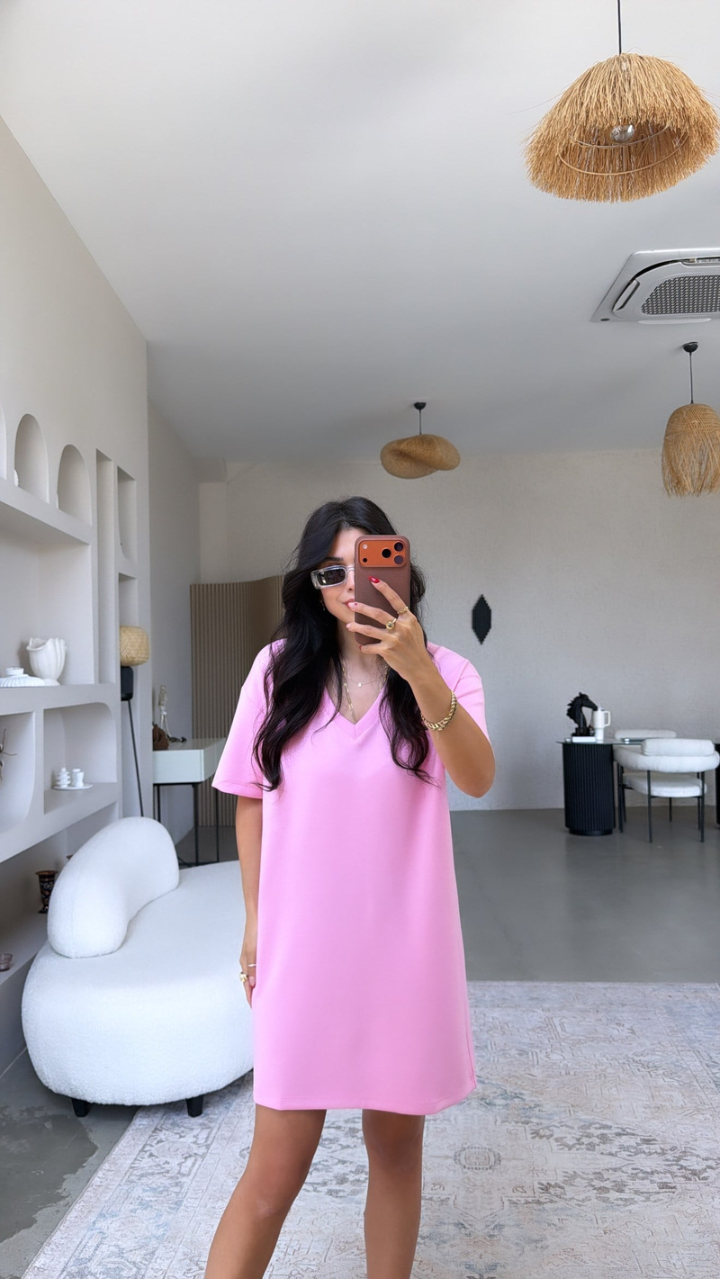 Pembe V Yaka Basic Modal Elbise