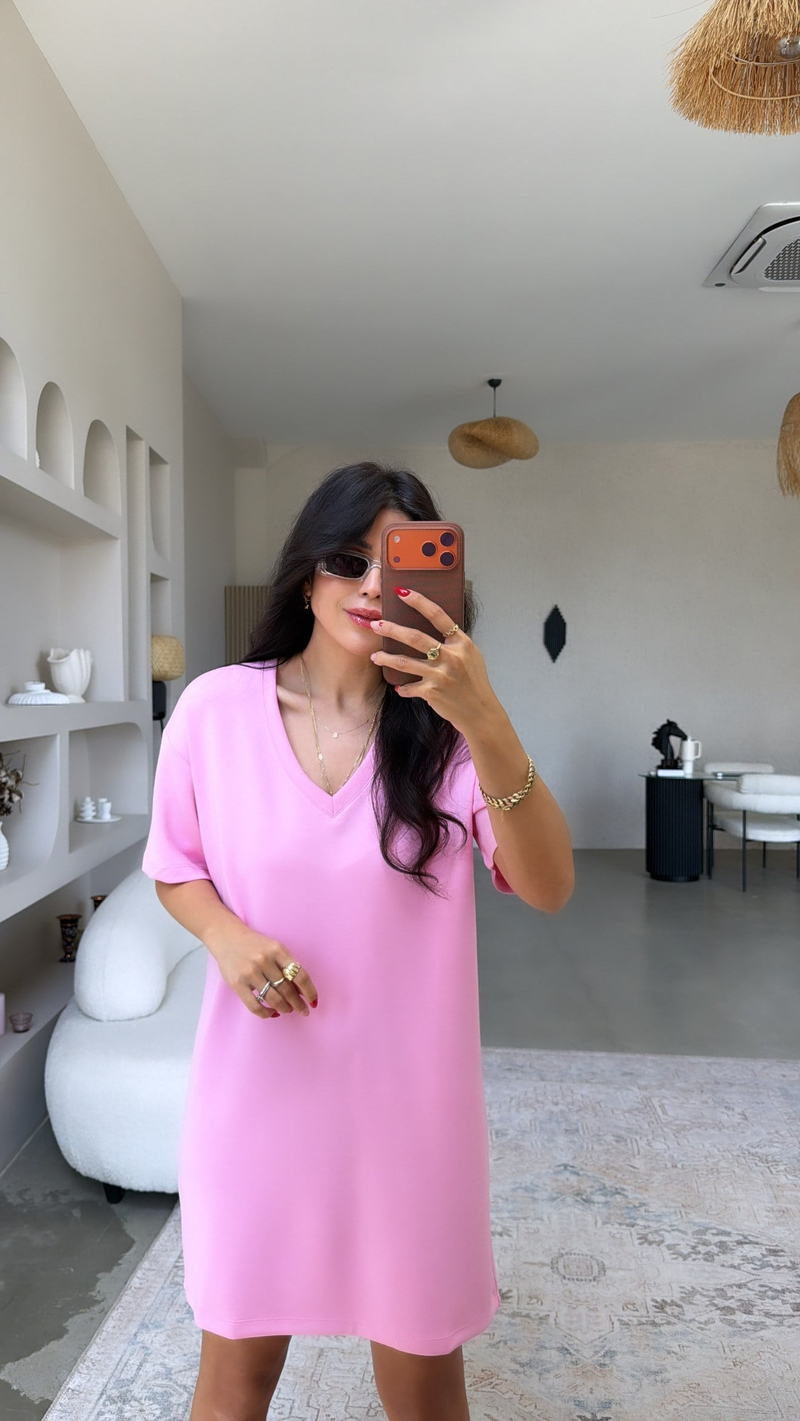 Pembe V Yaka Basic Modal Elbise