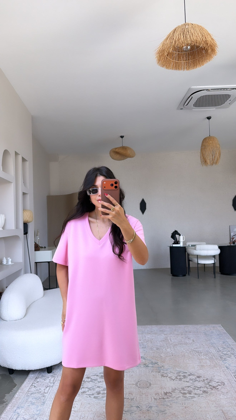 Pembe V Yaka Basic Modal Elbise