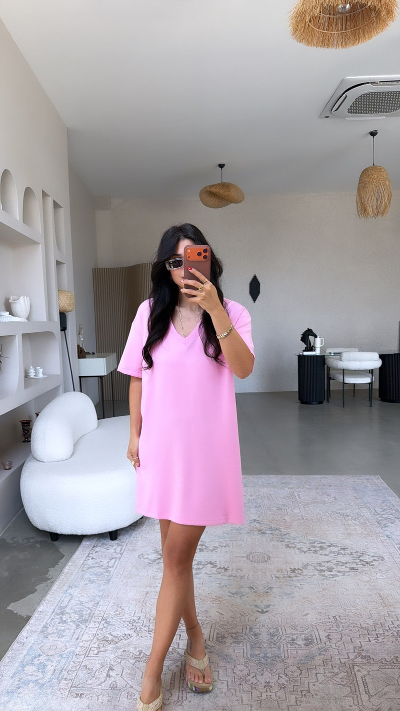 Pembe V Yaka Basic Modal Elbise