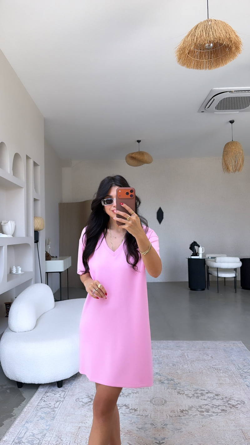 Pembe V Yaka Basic Modal Elbise