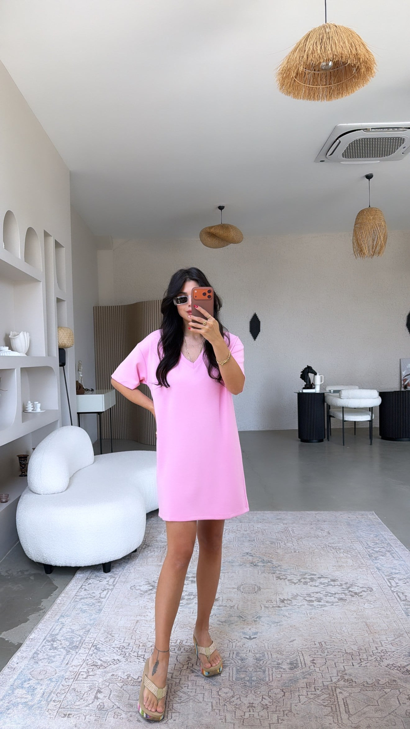 Pembe V Yaka Basic Modal Elbise