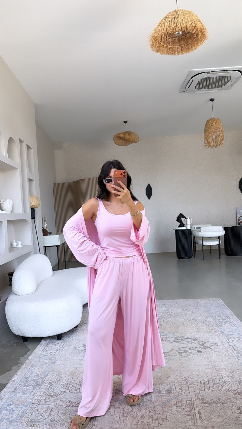 Pembe Viskon İnce Lastik Pantolon