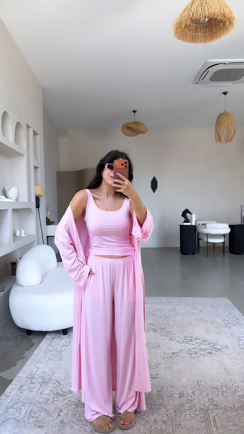 Pembe Viskon İnce Lastik Pantolon