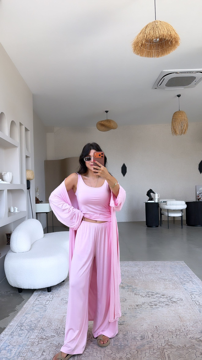 Pembe Viskon İnce Lastik Pantolon