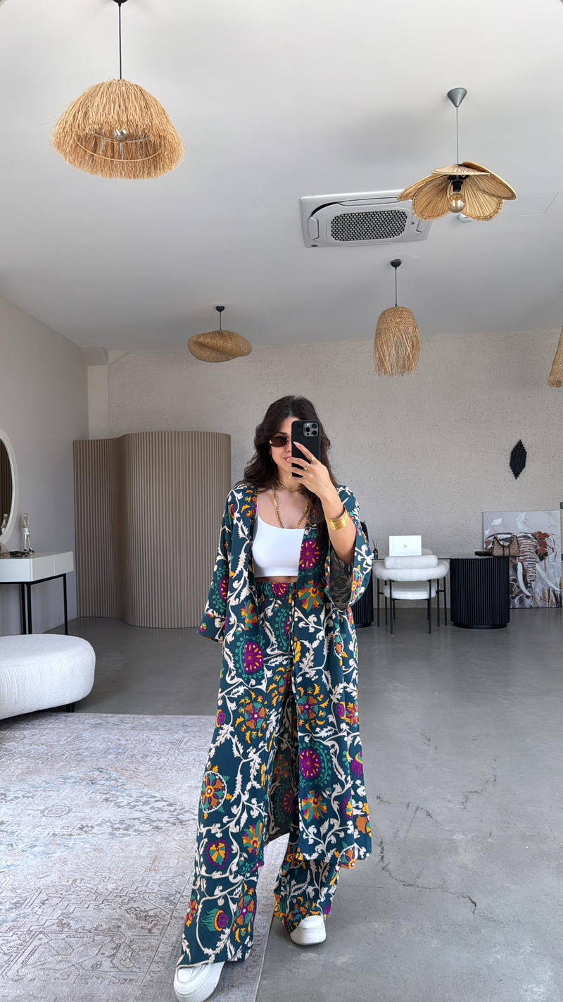 Petrol Juna Kimono Pantolon Takım