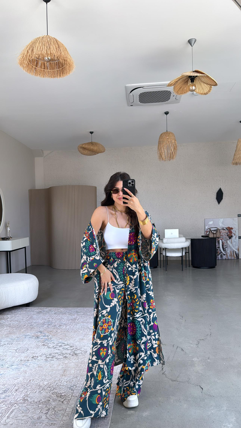Petrol Juna Kimono Pantolon Takım