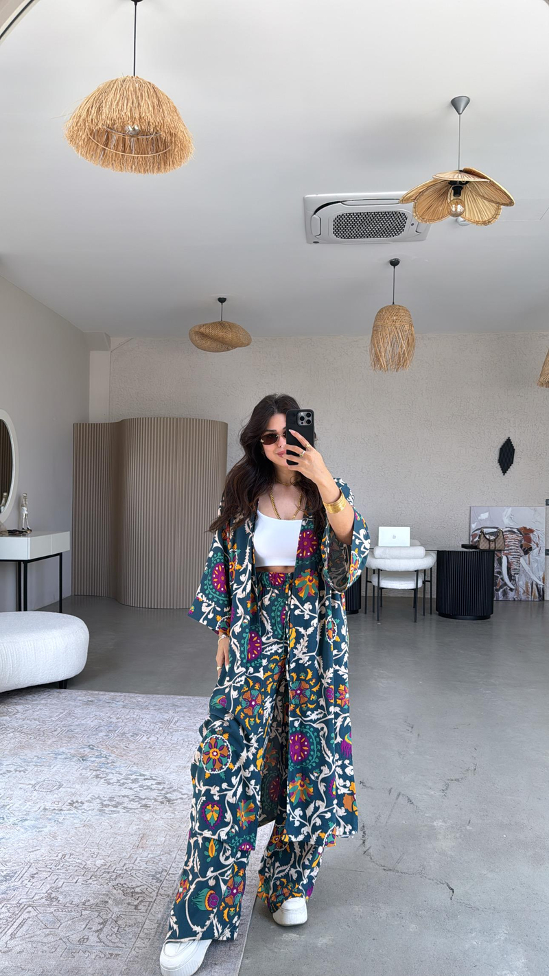 Petrol Juna Kimono Pantolon Takım