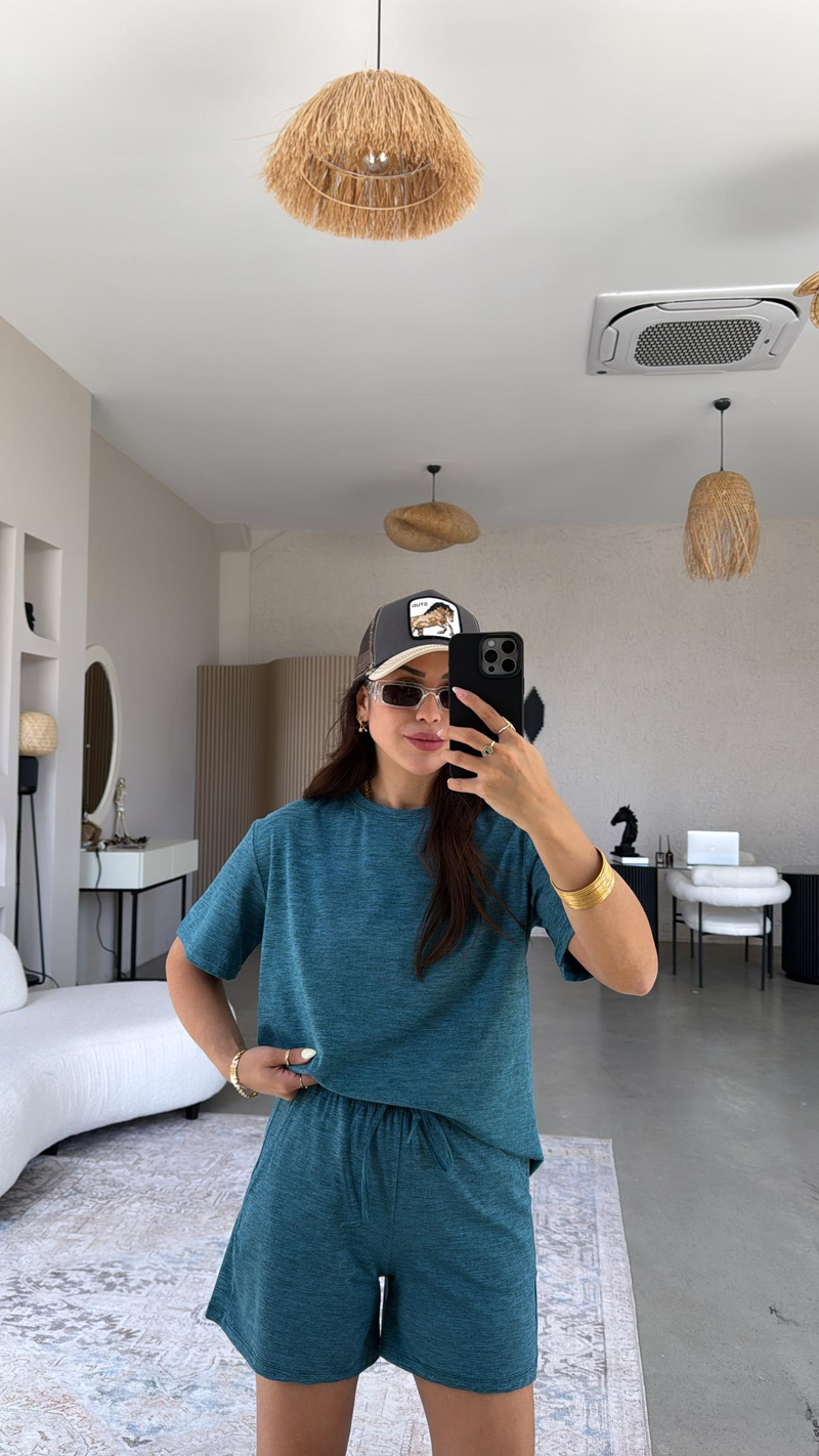 Petrol Yeşili Şort Tshirt Basic Takım