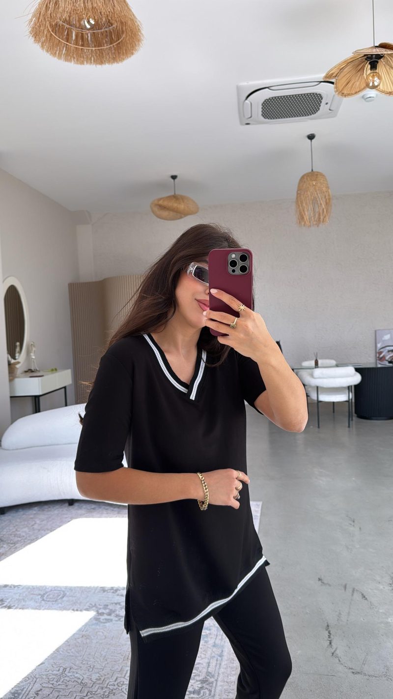 Ribana Şeritli Siyah Modal Takım