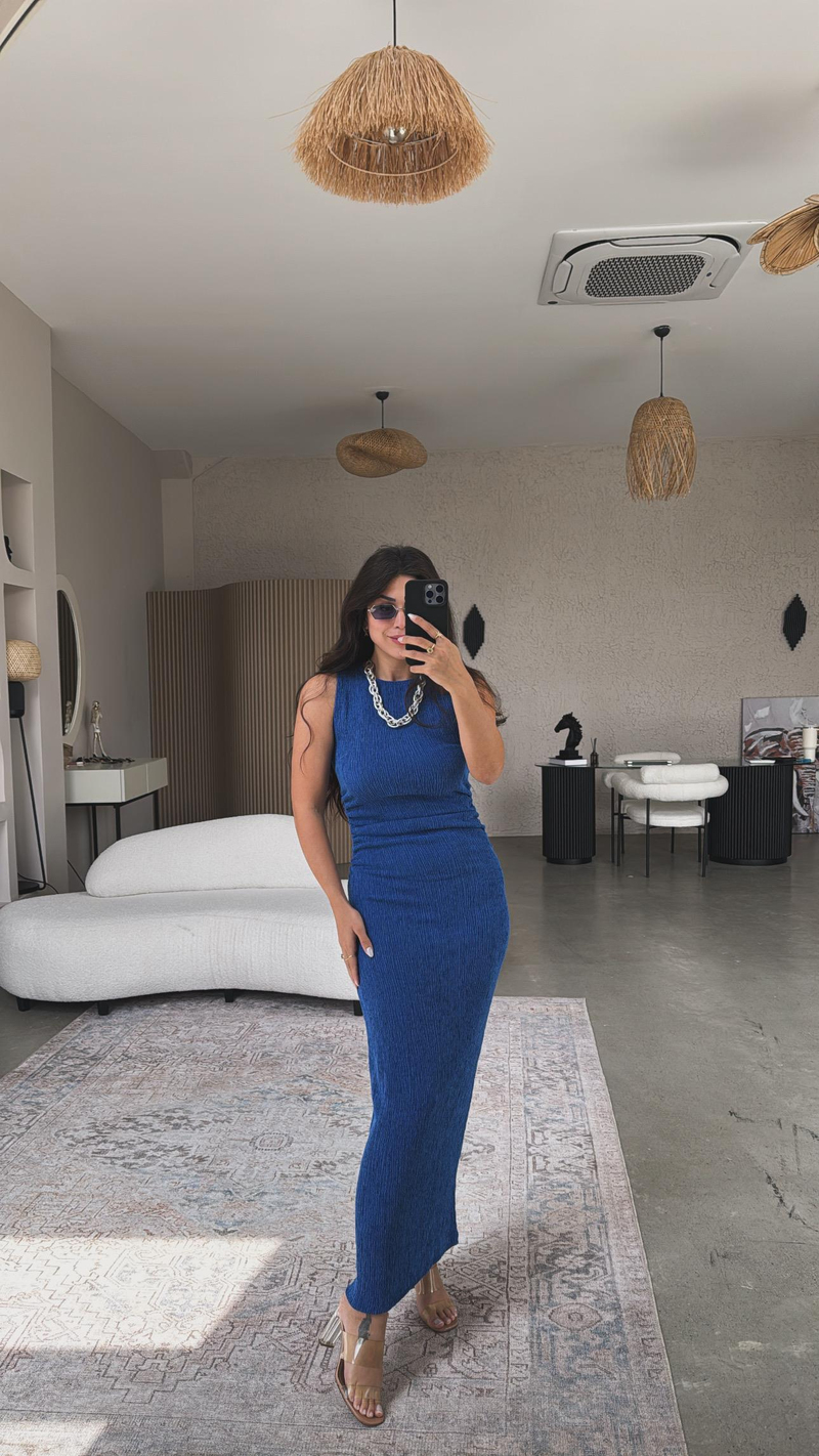 Saks Mavi Bürümcük ZR Model Büzgü Detay Elbise
