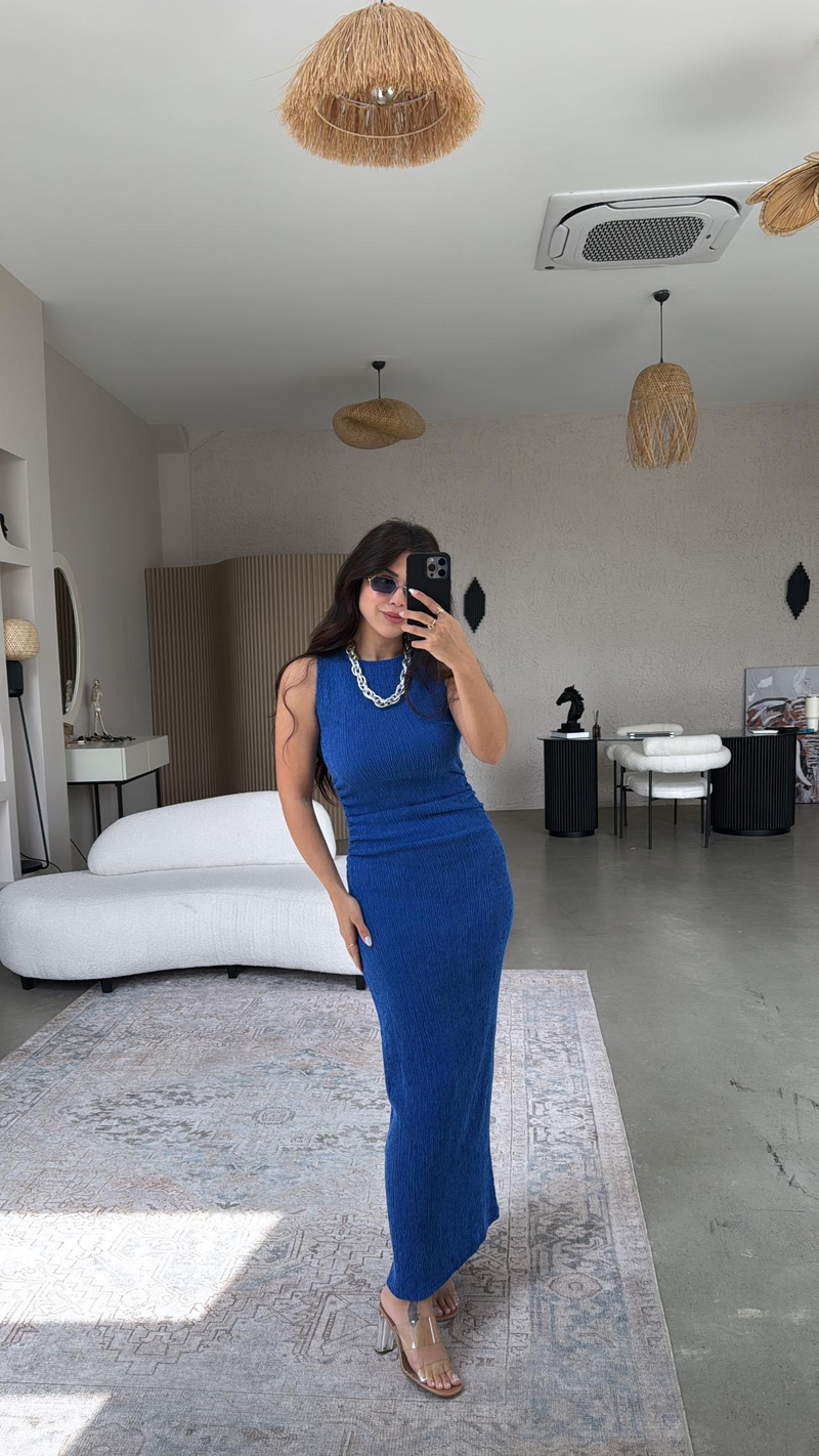Saks Mavi Bürümcük ZR Model Büzgü Detay Elbise