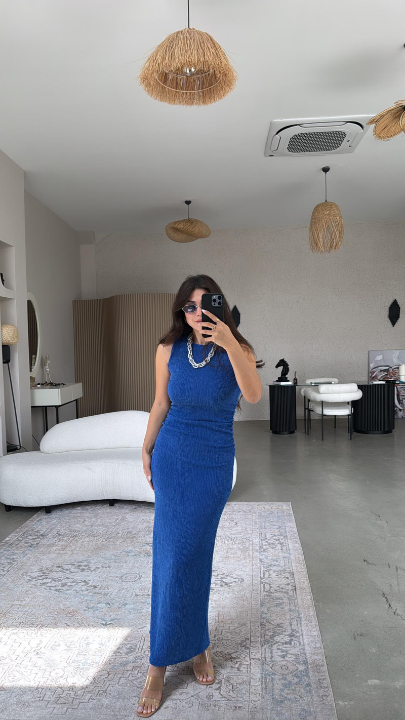 Saks Mavi Bürümcük ZR Model Büzgü Detay Elbise