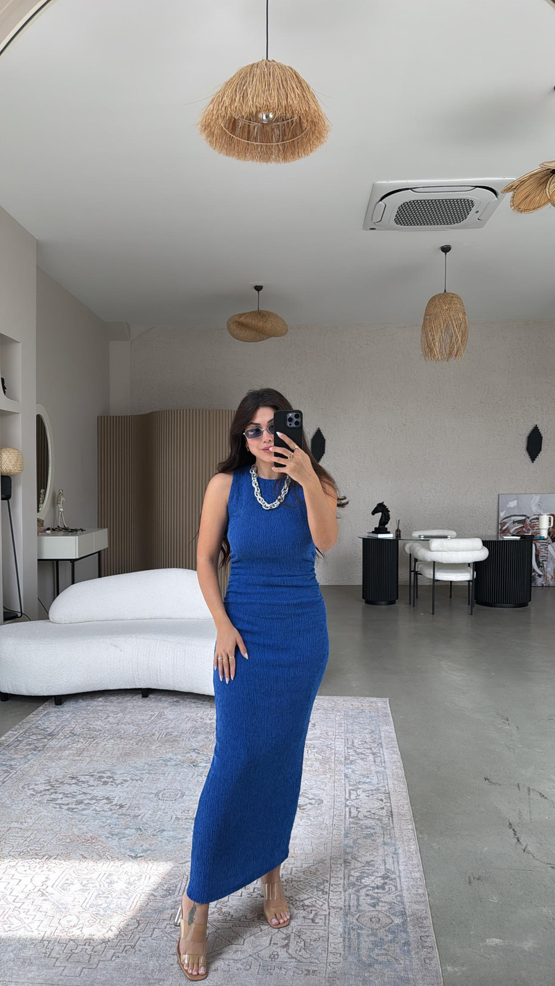 Saks Mavi Bürümcük ZR Model Büzgü Detay Elbise