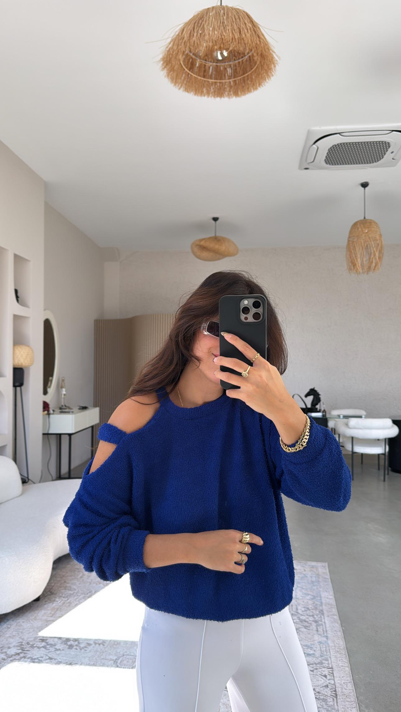 Saks Mavi Dokulu Omuz Detaylı Triko