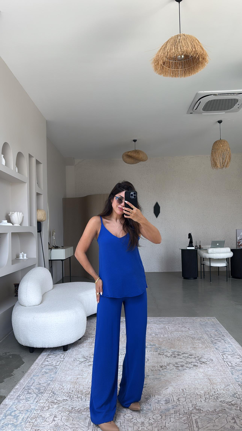 Saks Mavi İp Askılı Basic Tiril Takım