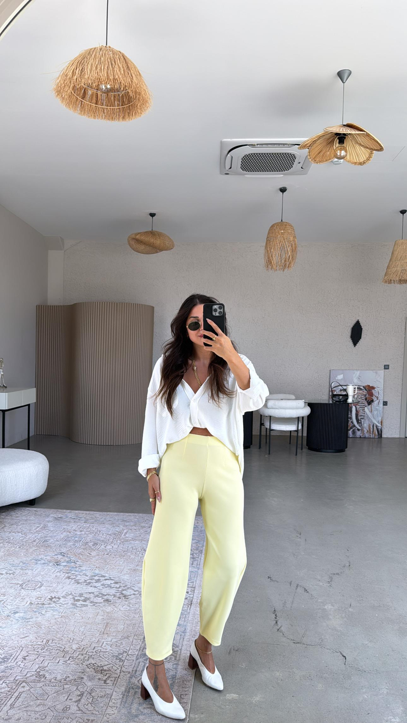 Sarı Beli Lastikli Balon Kumaş Pantolon