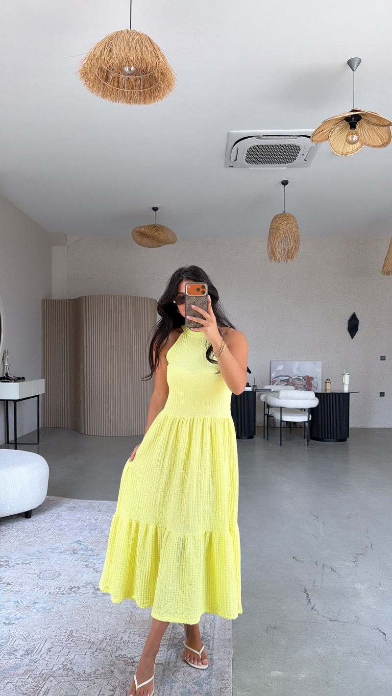 Sarı Bubble Halter Yaka Elbise