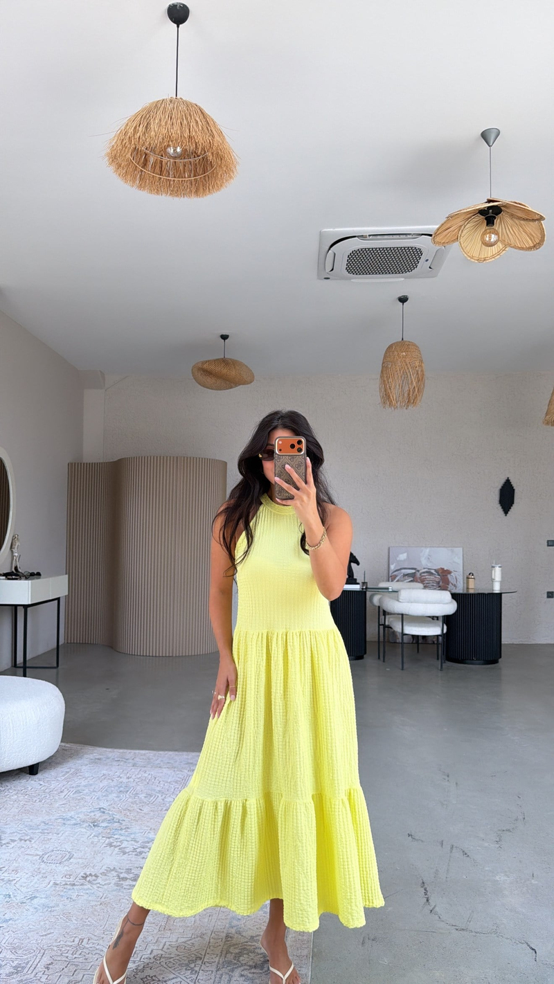 Sarı Bubble Halter Yaka Elbise