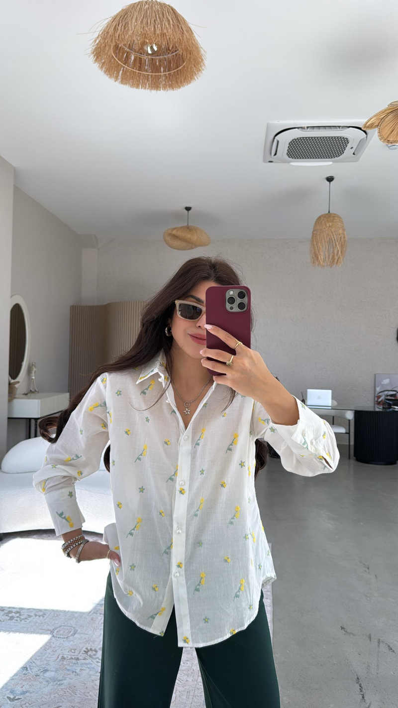 Sarı Çiçek Nakışlı Keten Premium Gömlek