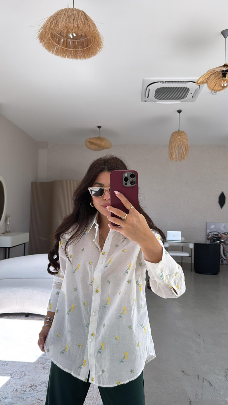 Sarı Çiçek Nakışlı Keten Premium Gömlek