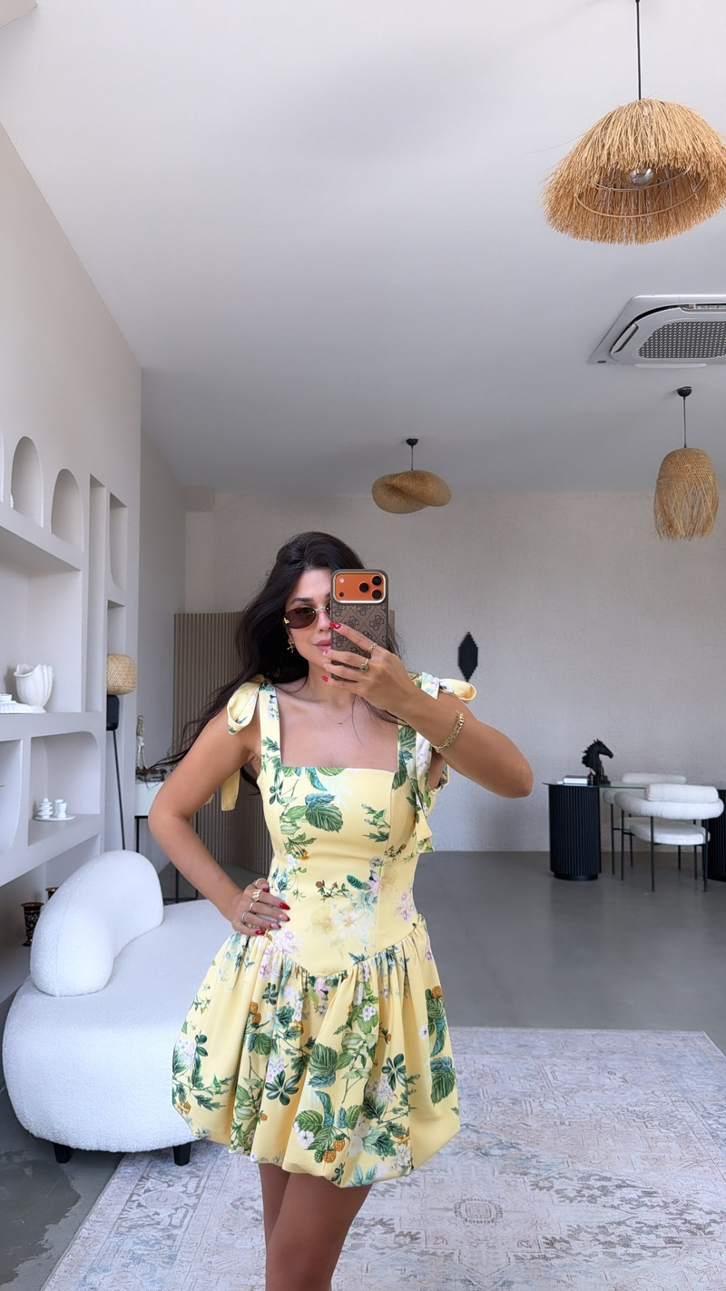 Sarı Çiçekli Krep Kumaş Beli Korseli Balon Elbise