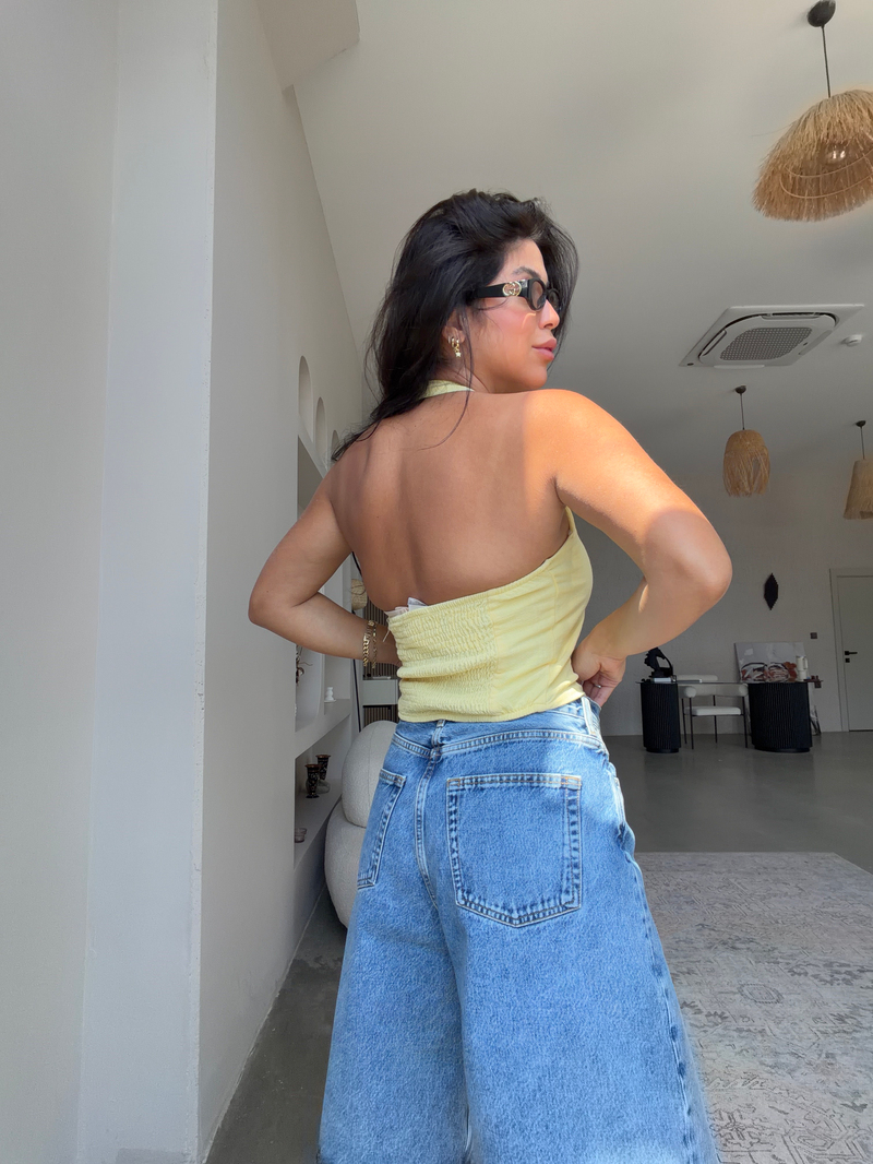 Sarı Eskitme Düğmeli Sırtı Gipeli Keten Bluz
