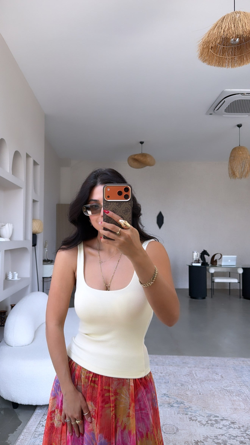 Sarı Fitilli Tok Doku Pamuk Ön Arka Kare Yaka Basic Atlet