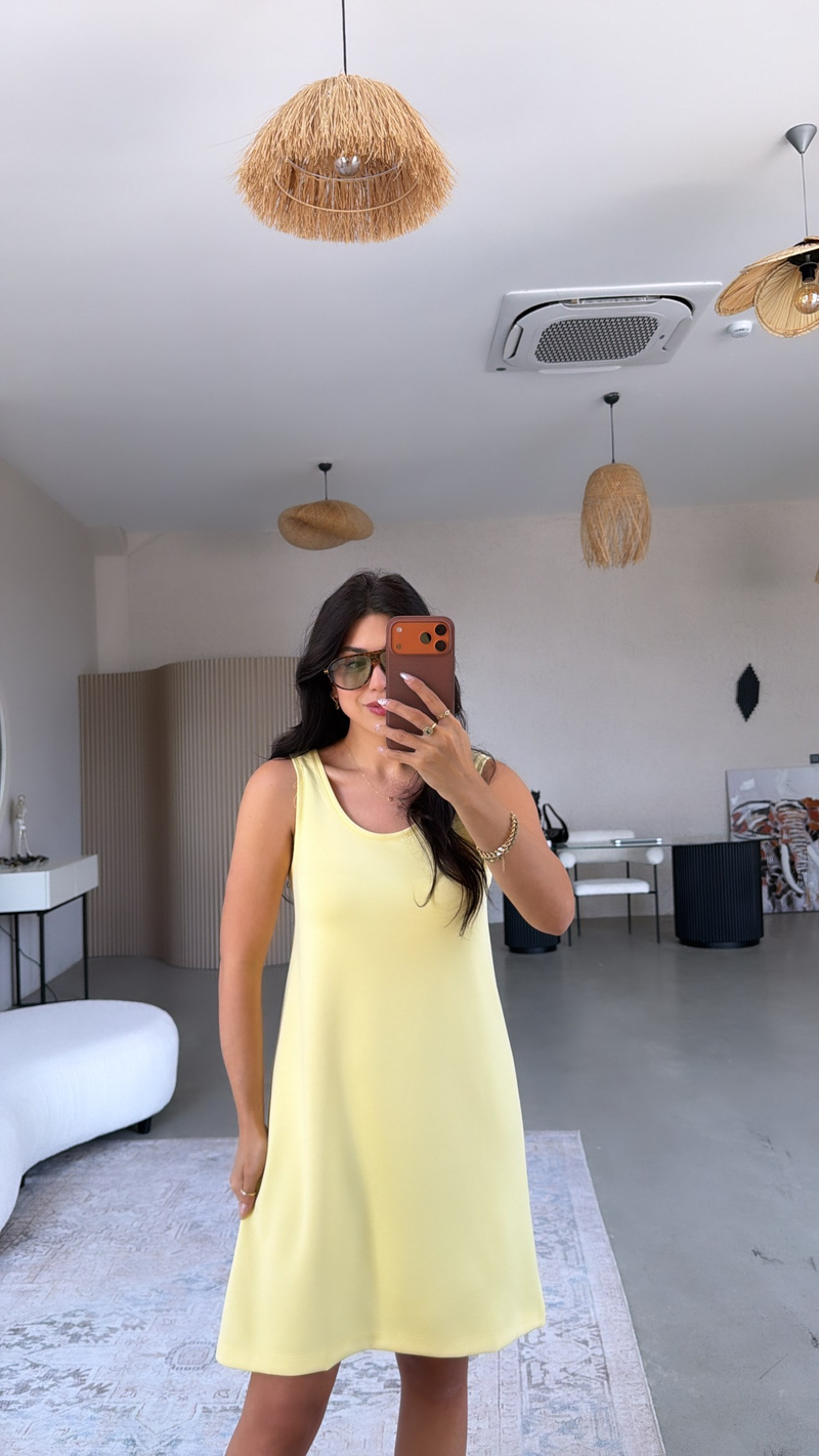 Sarı Kalın Askılı Basic Modal Elbise