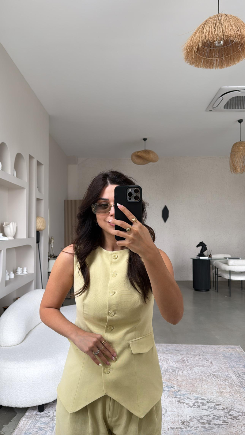 Sarı Keten Astarlı Yelekli Pantolon Takım