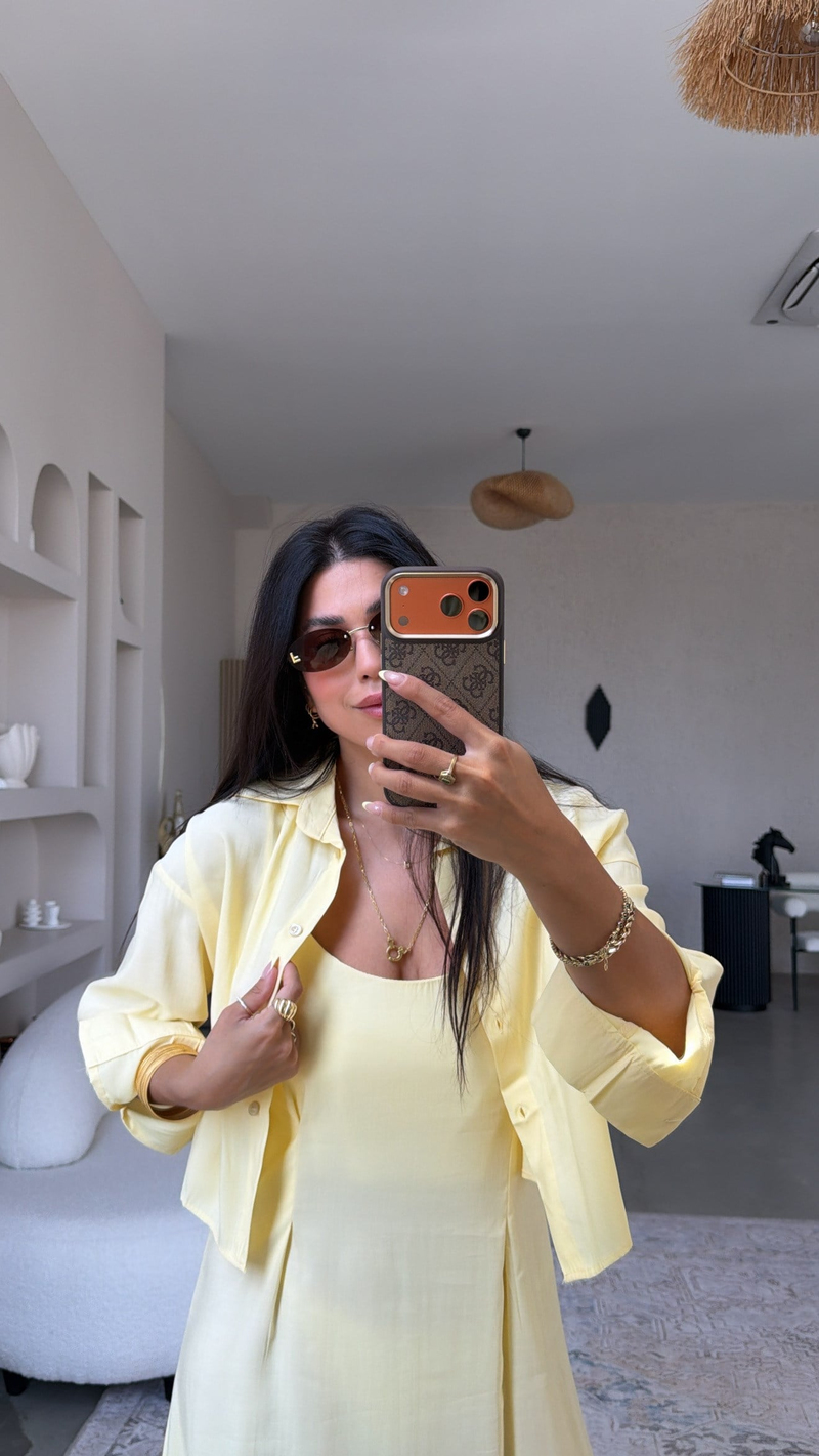 Sarı Tensel Premium Gömlek Elbise Takım