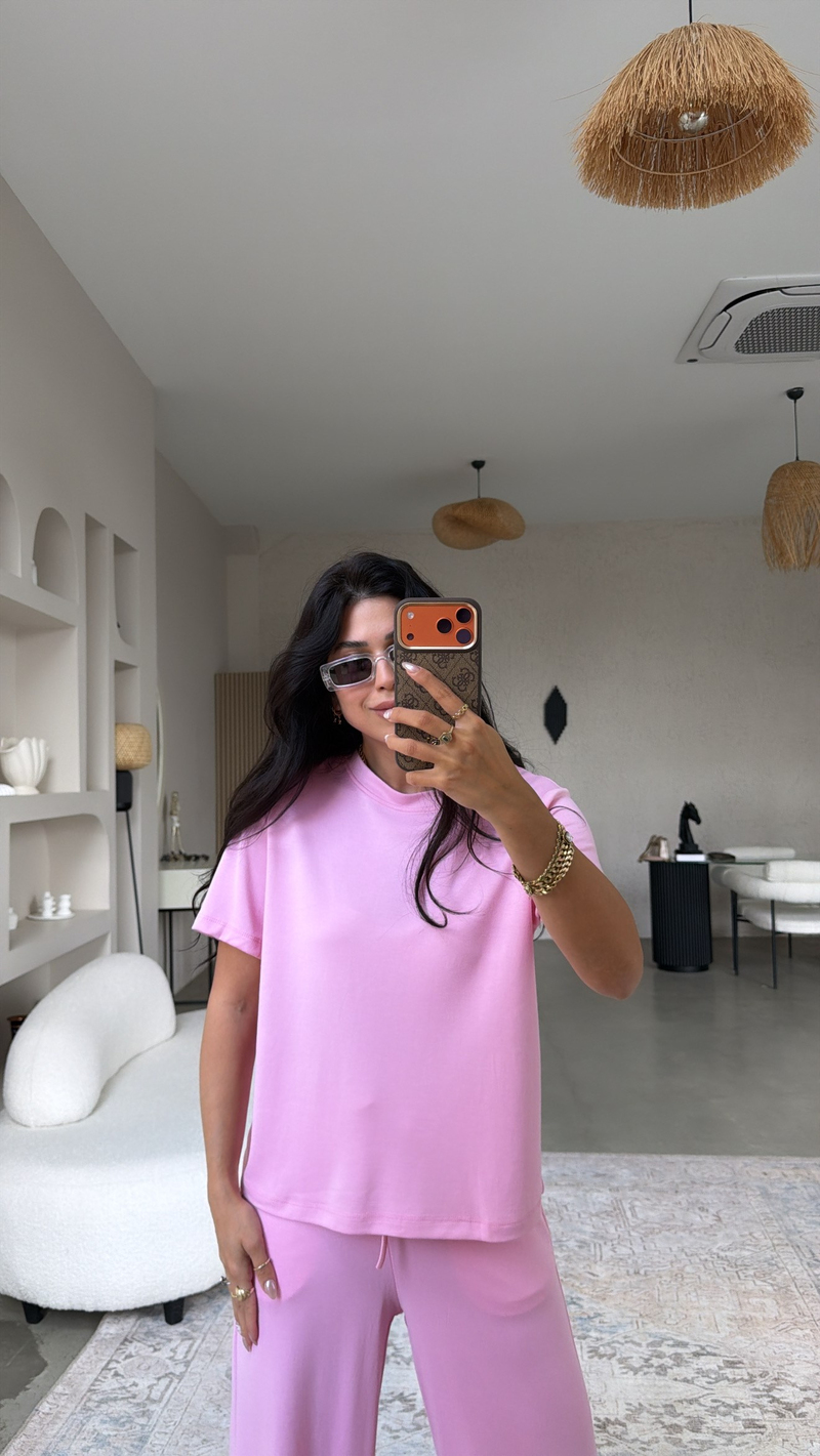 Şeker Pembe İnce Modal Bisiklet Yaka Alt Üst Takım